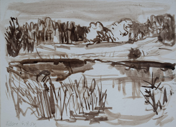 Konrad Sommer, Eßsee, 4.9.1954, Tusche auf Papier, 15, 5 x 21,2 cm, bez. u.l.: Eßsee 4.9.54., Sammlung Michael Gorkow