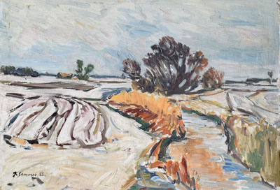 Konrad Sommer, Mooslandschaft im Winter, 1955, Öl auf Karton, 52,2 x 73,9 cm, bez. u.l.: K. Sommer 55.
