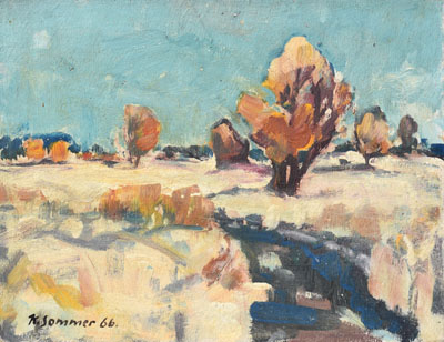 Konrad Sommer, Moosbach im Winter, 1966, Öl auf Karton, 23,7 x 30,6 cm