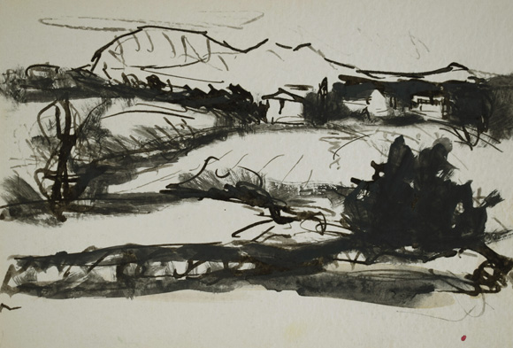Landschaft mit Häusern, um 1983, Tusche, Rohrfeder auf Papier, 16,0 x 23,5 cm, Sammlung Michael Gorkow