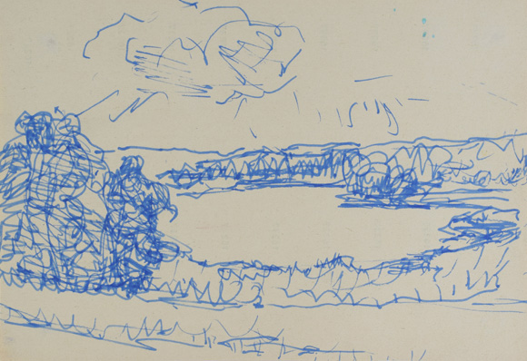 Konrad Sommer, Ostersee, 4.7.1991, blauer Filzstift auf Papier, 19,5 x 28,0 cm, Sammlung Michael Gorkow