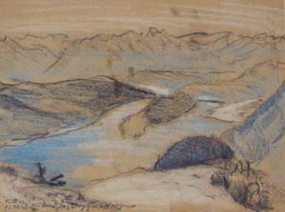 Konrad Sommer: Blick vom Jochberg auf den Walchensee, 12.10.1946, Bleistift und Pastelkreide auf Papier, 19,4 x 25,0 cm 