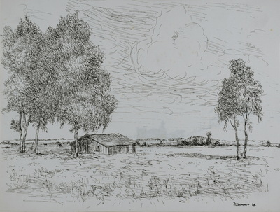 Konrad Sommer: Mooslandschaft mit Scheune, 1946, Tusche, Feder auf Papier, 20,5 x 27,0 cm, bez. u.r.: K. Sommer 46. 