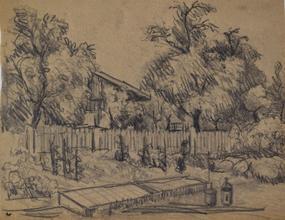 Konrad Sommer: Im Garten, 1946, Bleistift auf Papier, 20,4 x 26,5 cm 