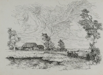 Konrad Sommer: Mooslandschaft mit Gehöft, 1946, Tusche, Feder auf Papier, 20,4 x 26,5 cm, bez. u.r.: K. Sommer, 46., Sammlung Michael Gorkow 
