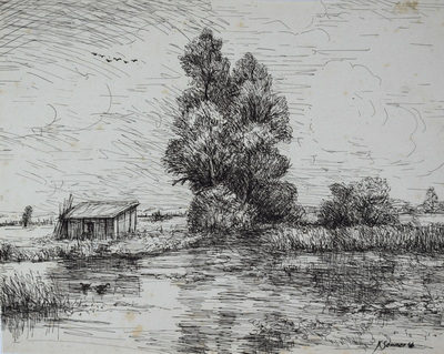 Konrad Sommer: Dachauer Moos,1946, Tusche, Feder auf Papier, 20,1 x 25,1 cm