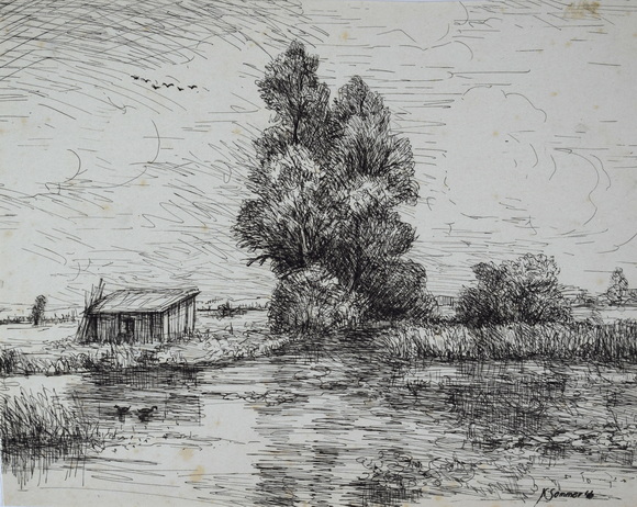 Konrad Sommer, Dachauer Moos, 1946, Tusche, Feder auf Transparentpapier, 20,1 x 25,1 cm, bez. u.r.: K. Sommer 46