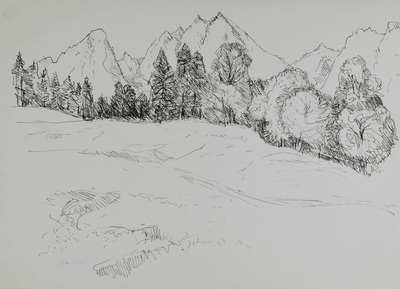 Konrad Sommer: Watzmann, um 1946, Tusche, Feder auf Papier, 21,0 x 28,8 cm, Sammlung Michael Gorkow 