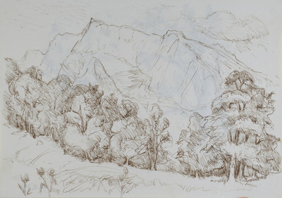 Konrad Sommer: Hochkalter, um 1946, Tusche, Feder auf Papier, 21,0 x 29,7 cm, Sammlung Michael Gorkow 