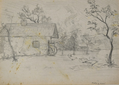 Konrad Sommer: Häusl bei Klannl, um 1946, Bleistift auf Papier, 20,1 x 28,2 cm 