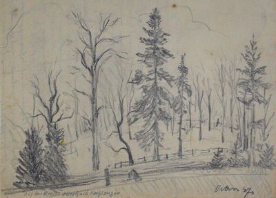 Konrad Sommer: Auf der Straße oberhalb Hochlenzer, April 1947, Bleistift  auf Papier, 14,5 x 20,0 cm, 
						bez. u.l: auf der Straße oberhalb Hochlenzer, u.r.: Ostern 47., Sammlung Michael Gorkow 