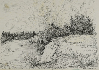 Konrad Sommer: Isar bei Einöd, 31.05.1947, Tusche, Feder auf Papier, 21,0 x 28,0 cm, bez. u.l.: K. Sommer, 47, u.r.: Isar bei Einöd 31.5.47., Sammlung Michael Gorkow 