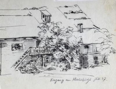 Konrad Sommer: Mausbichl, Juli 1947, Tusche, Feder auf Transparentpapier, 14,5 x 19,0 cm, bez. u.r.: Eingang am Mausbichl, Juli 47., Sammlung Michael Gorkow 