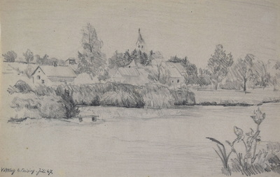 Konrad Sommer: Vötting bei Freising, Juli 1947, Bleistift auf Papier, 17,0 x 27,2 cm 