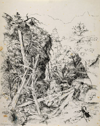 Konrad Sommer: Höllgraben, Juli 1947, Tusche auf Papier, 30,1 x 23,8 cm