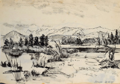 Konrad Sommer: Ostersee, 28.11.1947, Tusche auf Papier, 20,0 x 28,5 cm 