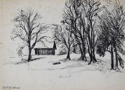 Konrad Sommer: Ostersee, 30.11.1947,  Tusche auf Papier, 19,9 x 26,9 cm, bez. u.l.: 30.11.47 Ostersee 