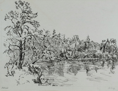 Konrad Sommer: Ostersee, 30.11.1947, Tusche, Feder auf Papier, 21,1 x 27,0 cm, bez. u.l. Ostersee u.r.: 30.11.47., Sammlung Michael Gorkow 