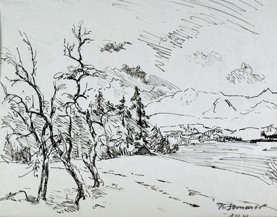 Konrad Sommer: Voralpenlandschaft, 1.12.1947,  Tusche auf Papier, 27,0 x 30,5 cm 