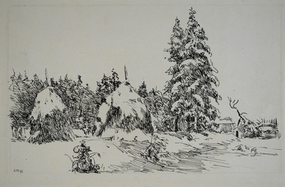 Konrad Sommer: Heuhocken am Waldrand, 2.12.1947, Tusche, Feder auf Papier, 18,5 x 28,3 cm, bez: u.l.: 2.12.47., Sammlung Michael Gorkow