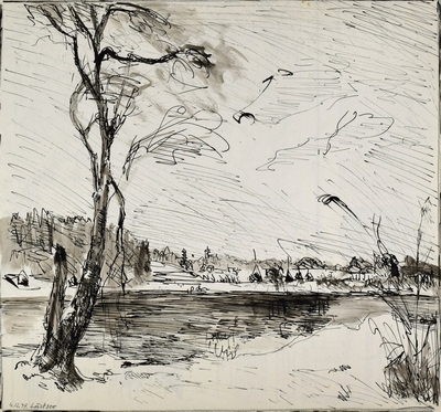 Konrad Sommer: Lustsee, 4.12.1947, Tusche, Feder auf Papier, 26,0 x 28,5 cm