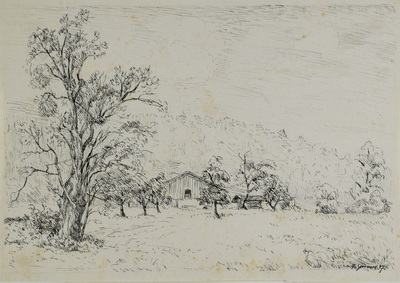 Konrad Sommer: Scheune, 1947, Tusche, Feder auf Papier, 19,5 x 28,0 cm, bez. u.r.: K. Sommer 47., Sammlung Michael Gorkow 