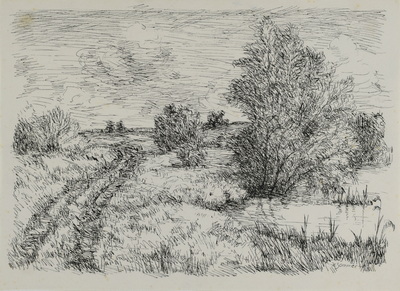 Konrad Sommer: Mooslandschaft mit Gebüsch, 1947, Tusche, Feder auf Papier, 20,4 x 27,5 cm, bez: u.r.: K. Sommer 47., Sammlung Michael Gorkow 