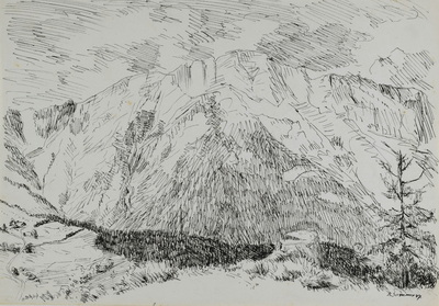 Konrad Sommer: Untersberg, 1947, Tusche, Feder auf Papier, 20,5 x 28,3 cm, bez. u.r.: K. Sommer 47., Sammlung Michael Gorkow 