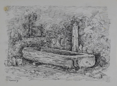 Konrad Sommer: Viehtränke, 1947, Tusche, Feder auf Papier, 20,7 x 27,5 cm, bez: u.l.: K. Sommer 47., Sammlung Michael Gorkow 