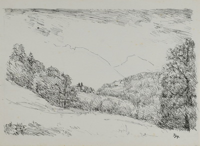 Konrad Sommer: Bergstudie, 1947, Tusche, Feder auf Papier, 20,9 x 28,3 cm, bez. u.r.: K. S. 47., Sammlung Michael Gorkow 