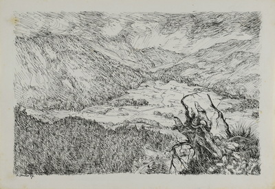 Konrad Sommer: Blick in ein Tal, 1947, Tusche, Feder auf Papier, 20,9 x 29,7 cm, bez: u.l.: K. Sommer 47., Sammlung Michael Gorkow 