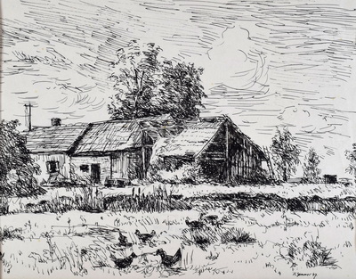 Konrad Sommer: Bauernhof, 1947, Tusche, Feder auf Papier, 23,7 x 31,0 cm 