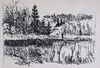 Konrad Sommer: Ufer eines Gewässers, um 1947, Tusche, Feder auf Papier, 10,5 x 15,0 cm, Sammlung Michael Gorkow 