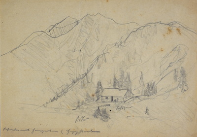 Konrad Sommer: Almhütte, um 1947, Bleistift auf Papier, 14,7 x 20,5 cm, Sammlung Michael Gorkow