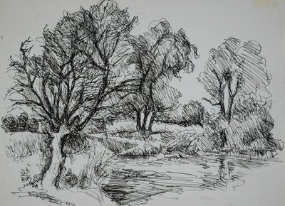 Konrad Sommer: Landschaft mit Bäumen, um 1947, Tusche, Feder auf Papier, 18,0 x 24,0 cm, Sammlung Michael Gorkow