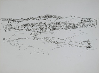 Konrad Sommer: Hügelige Landscahft, um 1947, Tusche, Feder auf Papier, 18,0 x 24,0 cm, Sammlung Michael Gorkow 