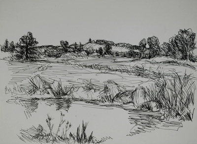 Konrad Sommer: Hügelige Landschaft mit Gewässer, um 1947,  Tusche, Feder auf Papier, 18,0 x 24,0 cm, Sammlung Michael Gorkow 