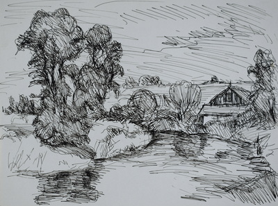 Konrad Sommer: Haus an einem Fluss, um 1947, Tusche, Feder auf Papier, 18,0 x 24,0 cm, Sammlung Michael Gorkow