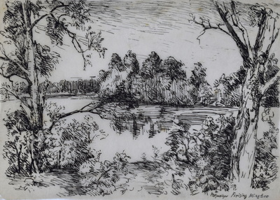 Konrad Sommer: Fischweiher, Freising, Miezsee, um 1947, Tusche, Feder auf Papier, 18,4 x 25,4 cm 
