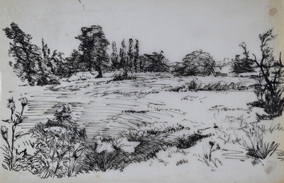 Konrad Sommer: Mooslandschaft, um 1947,  Tusche, Feder auf Papier, 19,0 x 29,5 cm 
