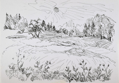 Konrad Sommer: Blick auf den Watzmann, um 1947, Tusche, Feder auf Papier, 20,8 x 28,6 cm