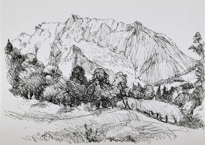 Konrad Sommer: Hochkalter, um 1947, Tusche, Feder auf Papier, 21,0 x 29,6 cm