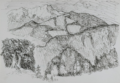 Konrad Sommer:  Berglandschaft, um 1947, Tusche, Feder auf Papier, 21,0 x 27,2 cm, Sammlung Michael Gorkow
