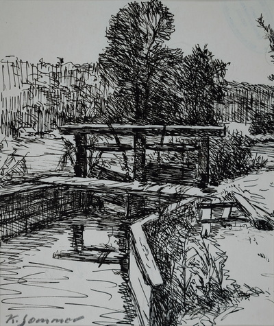 Konrad Sommer:  Schleusenbrücke, um 1947, Tusche, Feder auf Papier, 24,0 x 20,0 cm, Sammlung Michael Gorkow