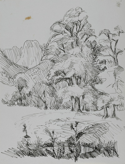 Konrad Sommer:  Berglandschaft, um 1947, Tusche, Feder auf Papier, 26,7 x 20,5 cm, Sammlung Michael Gorkow