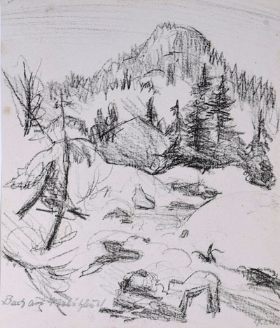 Konrad Sommer: Bach am Milihäusl, 27.02.1948, Kohle, Bleistift auf Papier, 23,0 x 19,6 cm