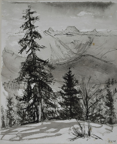 Konrad Sommer:  Blick auf einen Bergsee, 27.2.1948, Tusche, Feder, Blei auf Papier, 24,0 x 19,7 cm, Sammlung Michael Gorkow