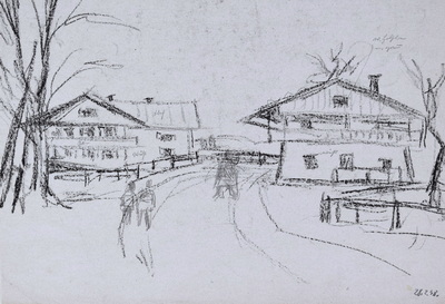 Konrad Sommer: Bauernhäuser, 28.2.1948, Kohle, Bleistift auf Papier, 16,7 x 24,3 cm