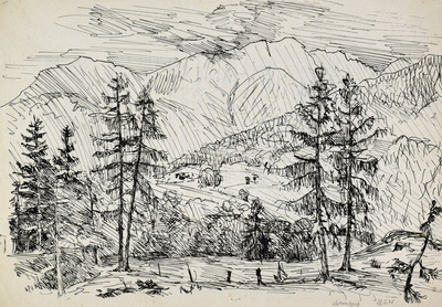 Konrad Sommer: Untersberg, 28.5.1948, Tusche, Feder auf Papier, 22,5 x 33,7 cm