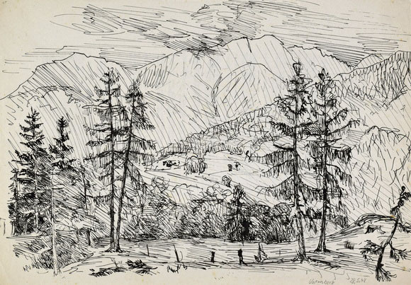 Konrad Sommer, Untersberg, 28.5.1948, Tusche, Feder auf Papier, 22,5 x 33,7 cm, bez. u.r.: Untersberg 28.5.48